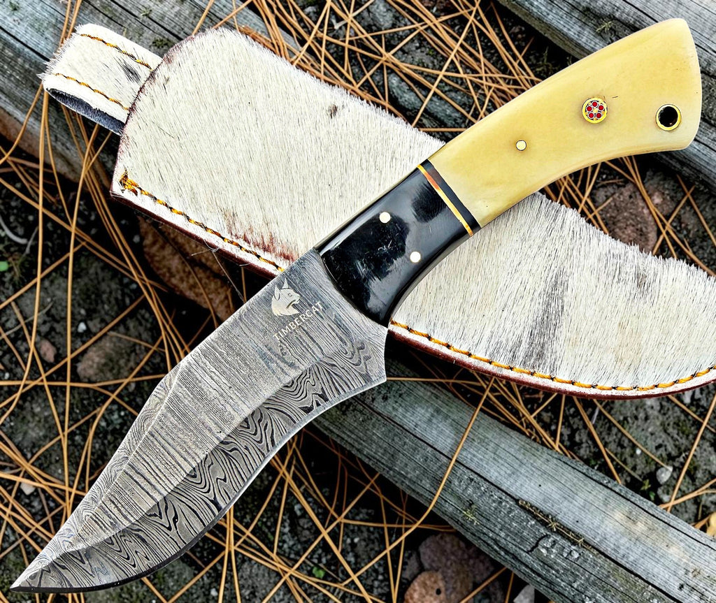 TIMBERCAT KNIVES Handmade Damascus steel hunting knife with bone handle  9'' overall with real cow leather sheath 1002