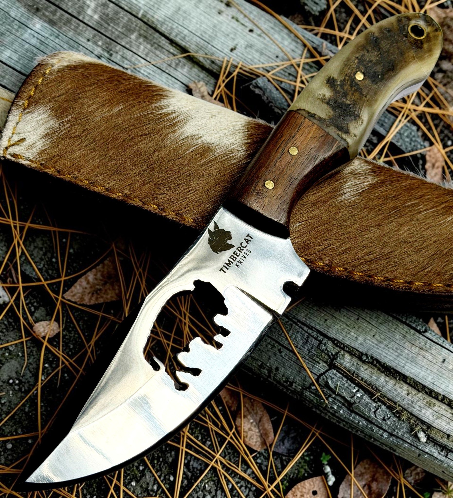 Timbercat Knives Handmade Hunting Skinner Knife 8 Inches with Cowhide Leather Sheath J2 Steel 1004