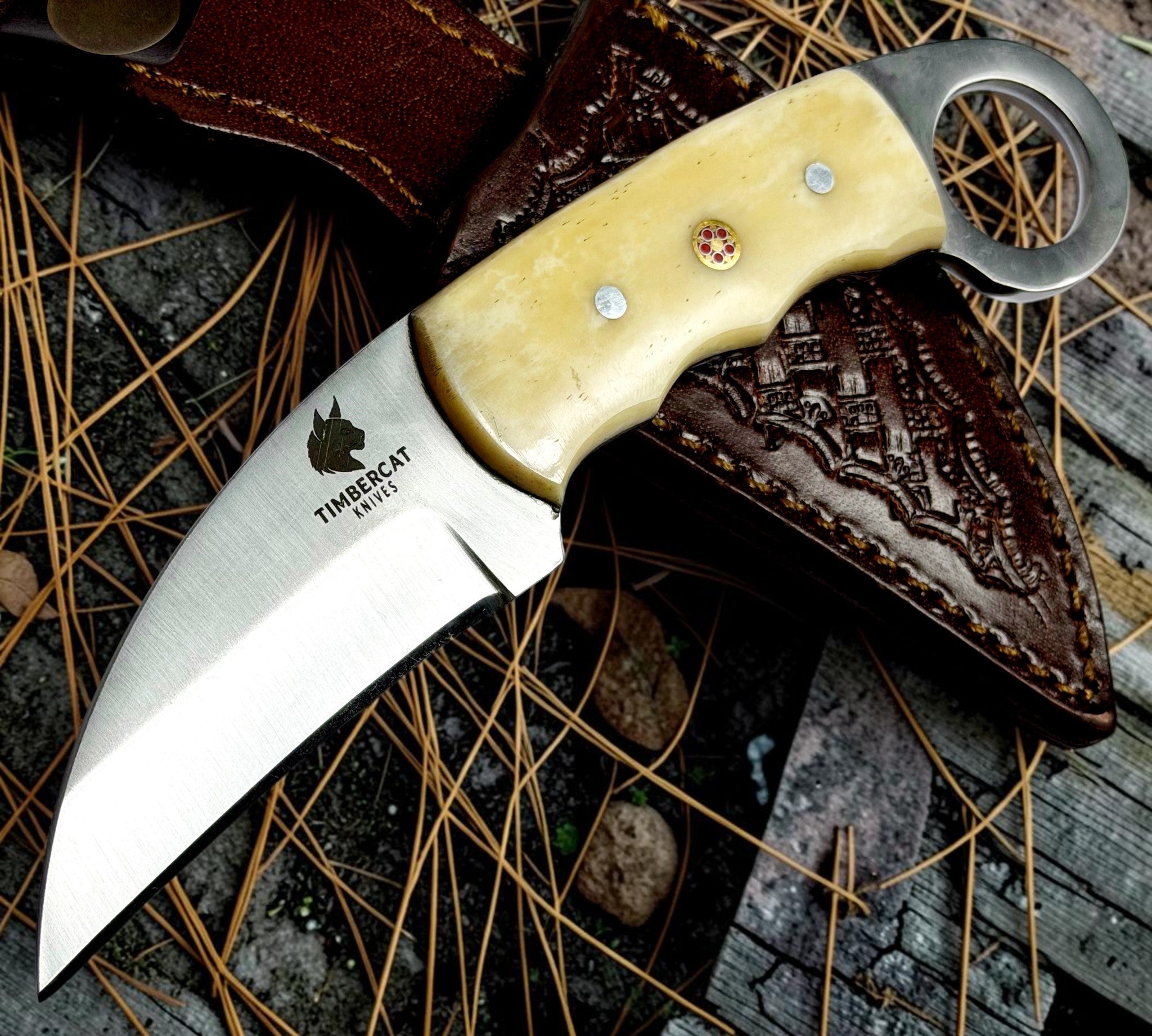 Timbercat Knives Handmade Hunting Skinner Knife 7 Inches with Cowhide Leather Sheath J2 Steel 1010