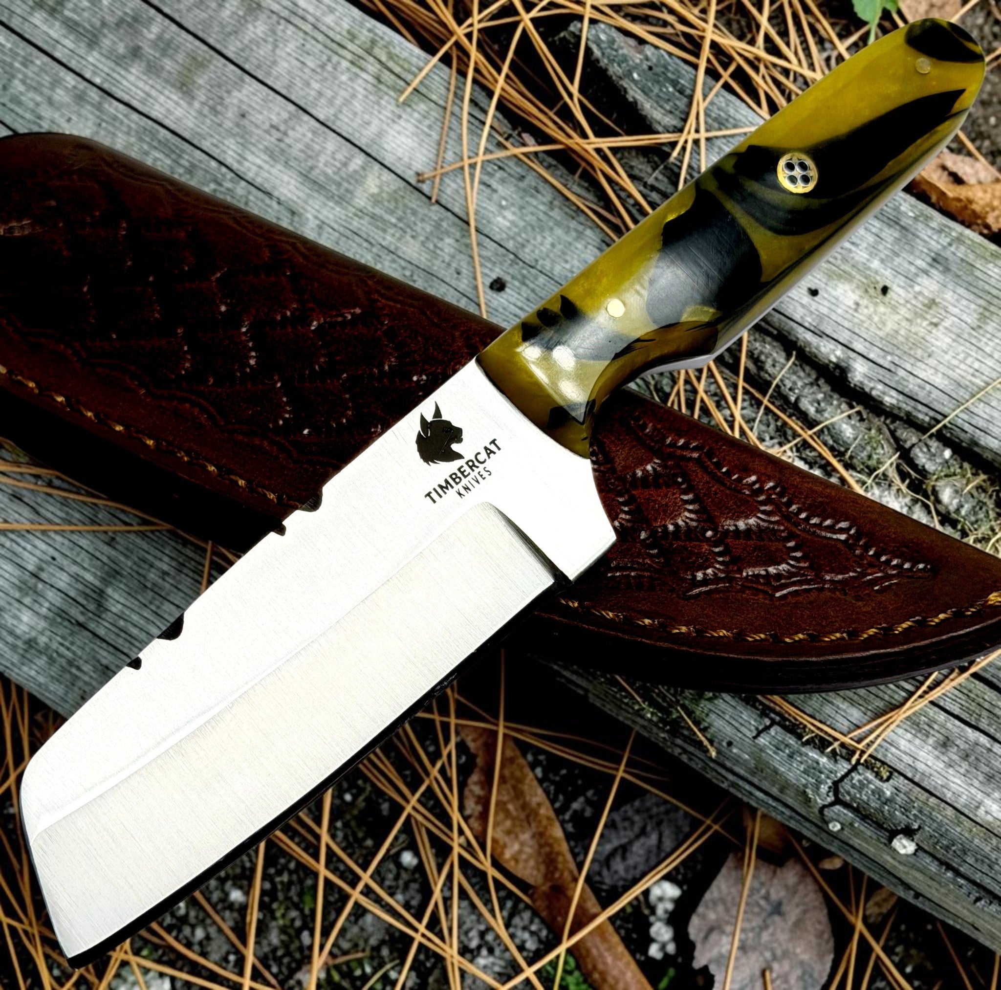 Timbercat Knives Handmade Hunting Bull Cutter Knife 8 Inches with Cowhide Leather Sheath J2 Steel 1016
