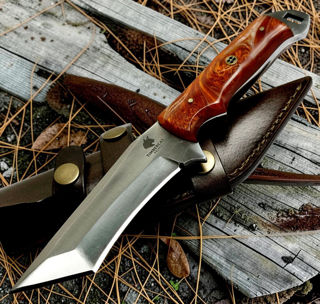 Timbercat Knives Handmade Hunting Tanto Knife 9 Inches with Cowhide Leather Sheath J2 Steel 1019