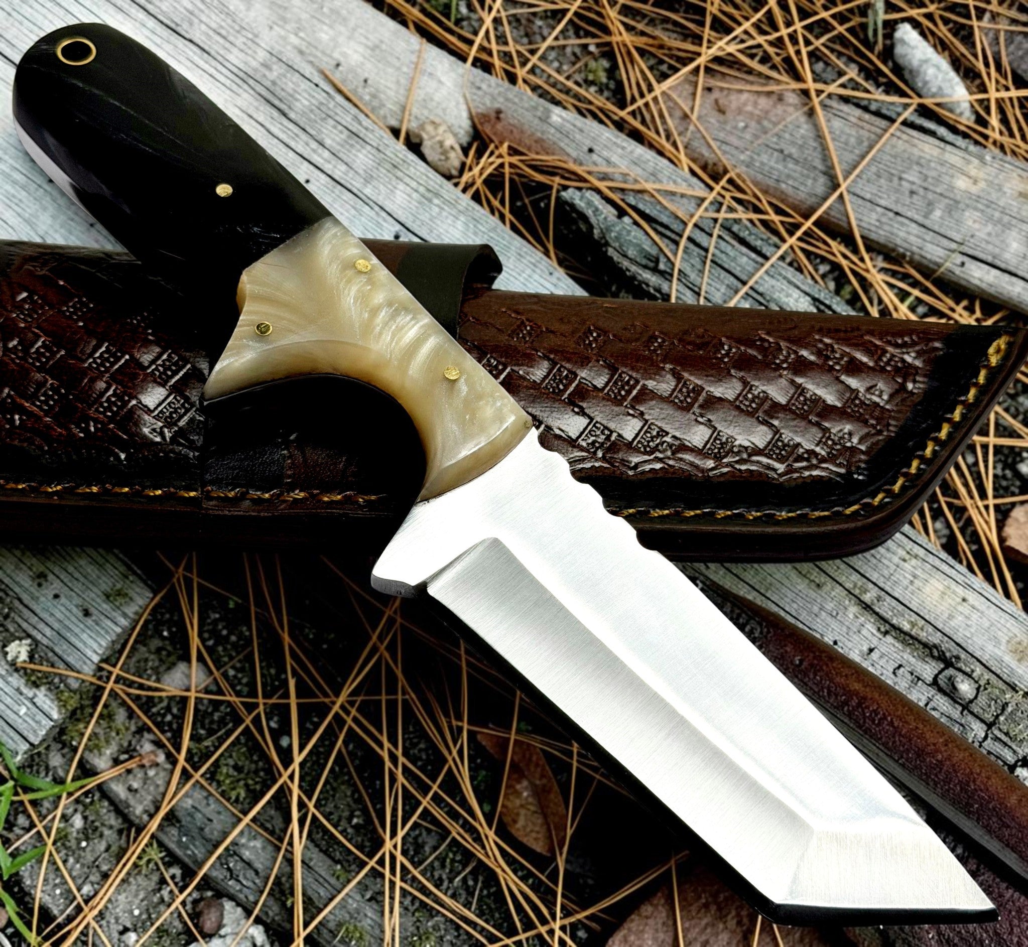 Timbercat Knives Handmade Hunting Tanto Knife 8 Inches with Cowhide Leather Sheath J2 Steel 1021