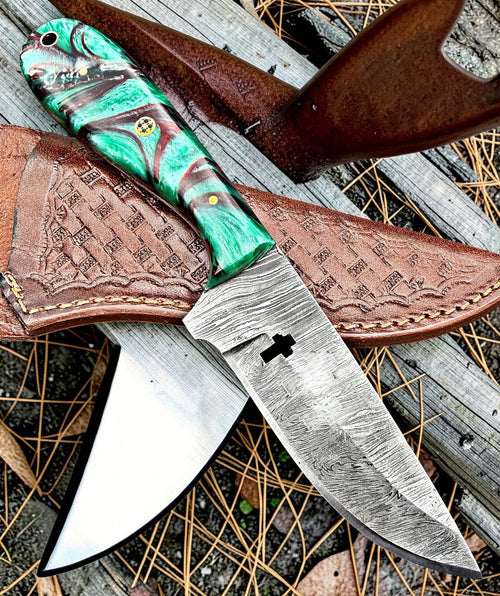 Timbercat Knives Handmade Damascus Steel Hunting Skinner Knife 7.5 Inches with Cowhide Leather Sheath 1022