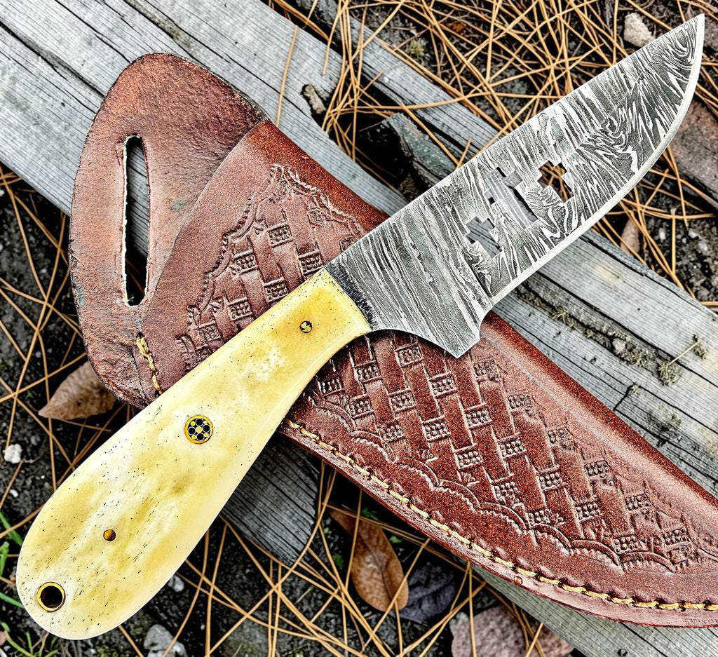 Timbercat Knives Handmade Damascus Steel Hunting Skinner Knife 7.5 Inches with Cowhide Leather Sheath 1023
