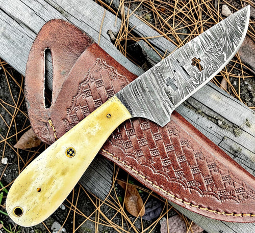 Timbercat Knives Handmade Damascus Steel Hunting Skinner Knife 7.5 Inches with Cowhide Leather Sheath 1023