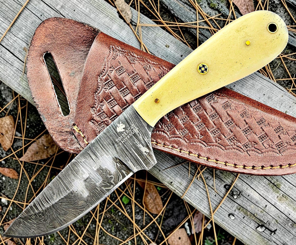 Timbercat Knives Handmade Damascus Steel Hunting Skinner Knife 7.5 Inches with Cowhide Leather Sheath 1023
