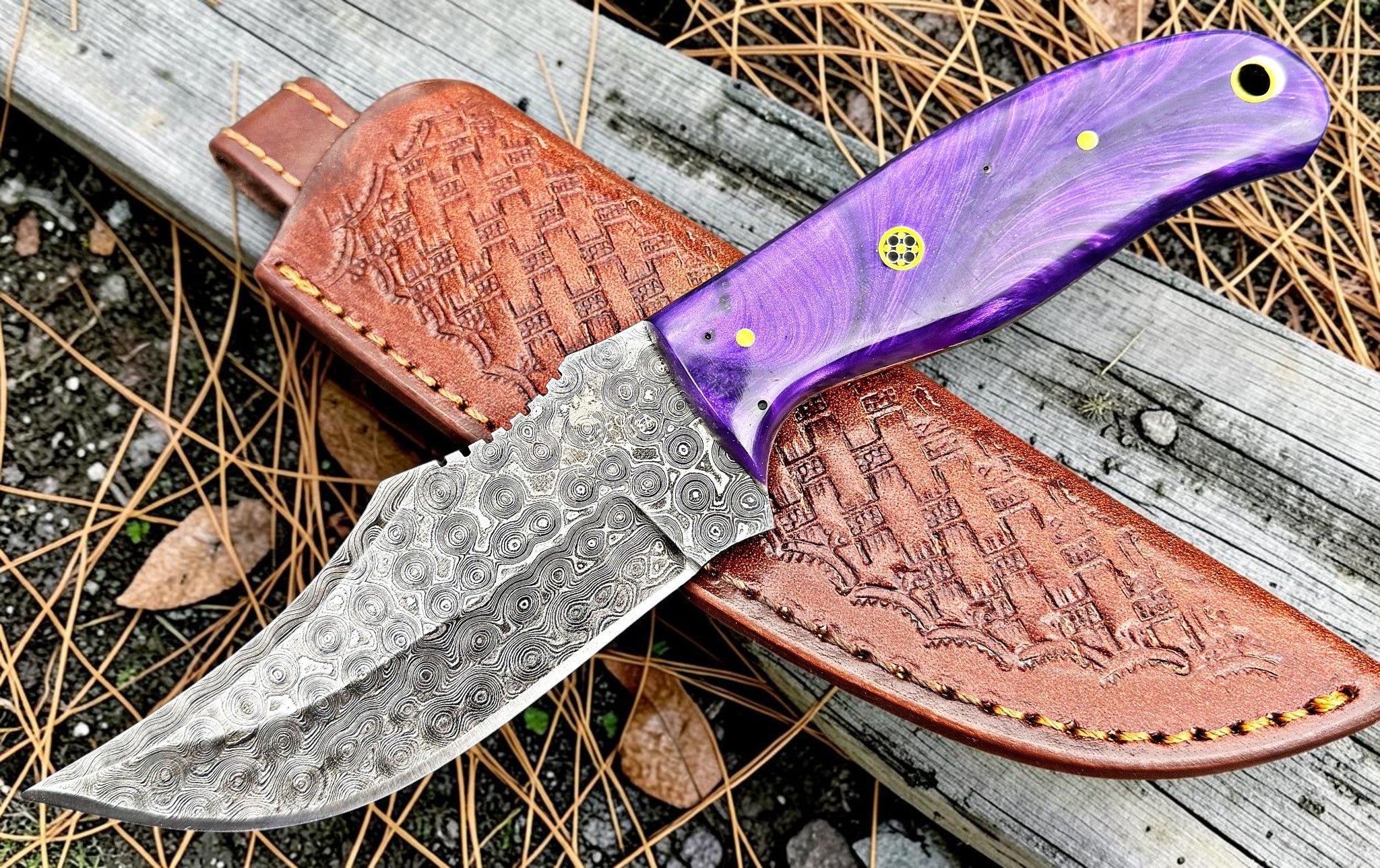 Timbercat Knives Handmade Damascus Steel Hunting Skinner Knife 8 Inches with Cowhide Leather Sheath 1025