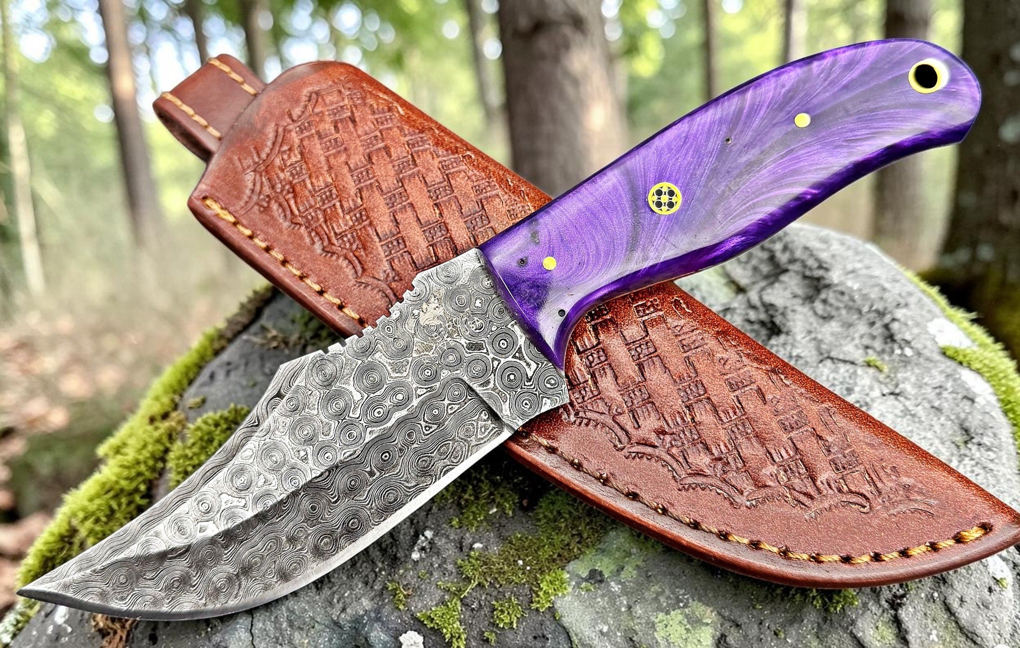 Timbercat Knives Handmade Damascus Steel Hunting Skinner Knife 8 Inches with Cowhide Leather Sheath 1025