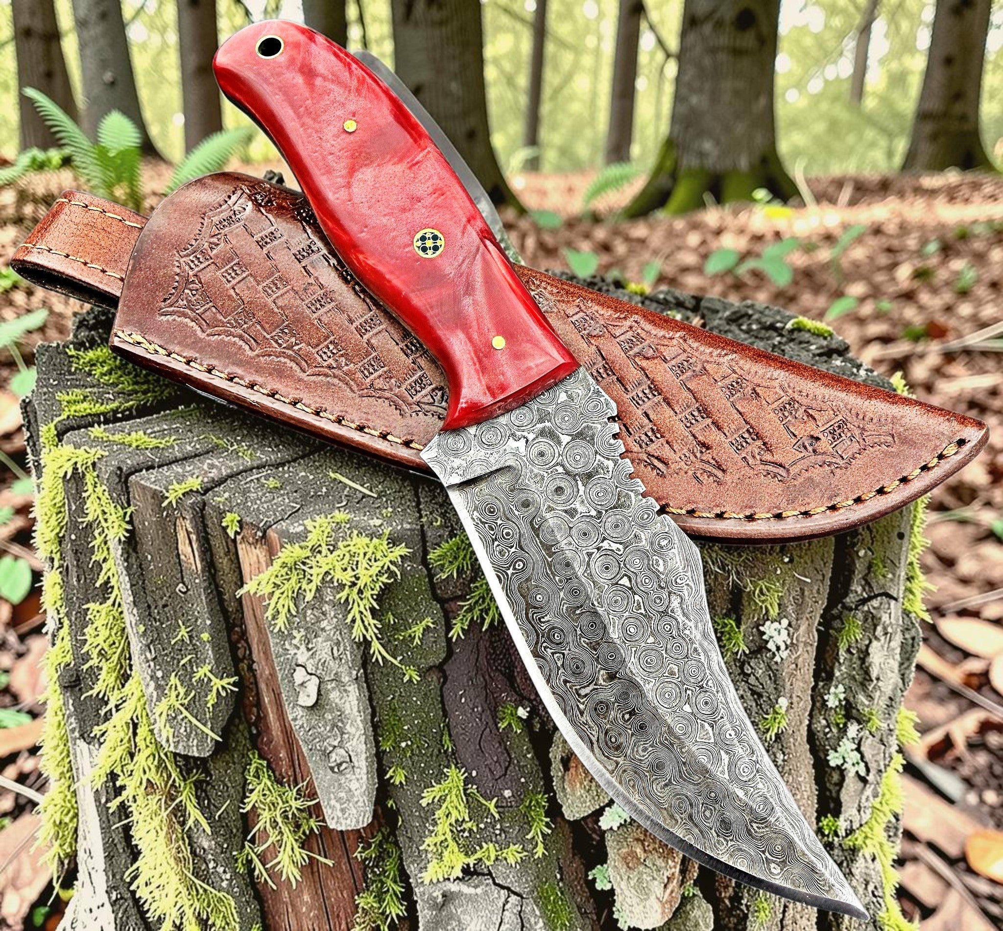 Timbercat Knives Handmade Damascus Steel Hunting Skinner Knife 8 Inches with Cowhide Leather Sheath 1026