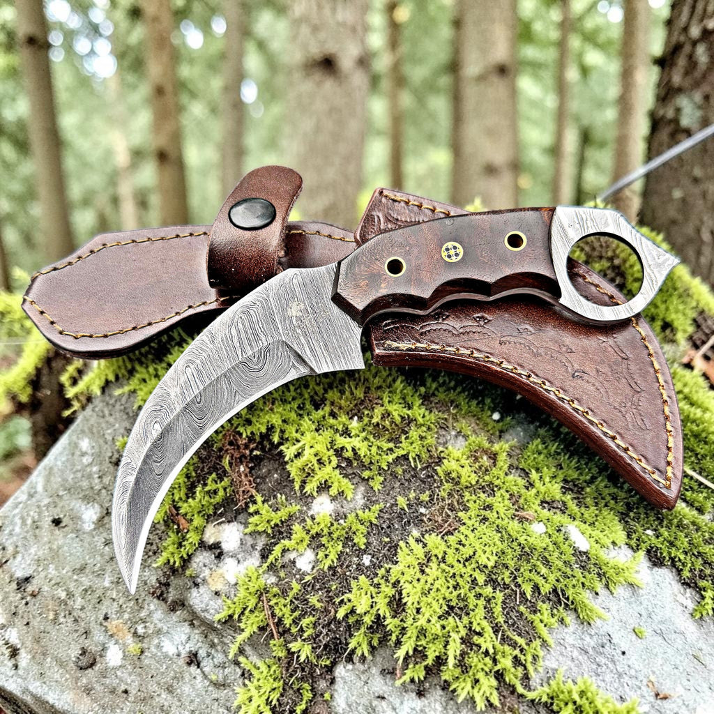 Timbercat Knives Handmade Damascus Steel Hunting Karambit Knife 7.5 Inches with Cowhide Leather Sheath 1028