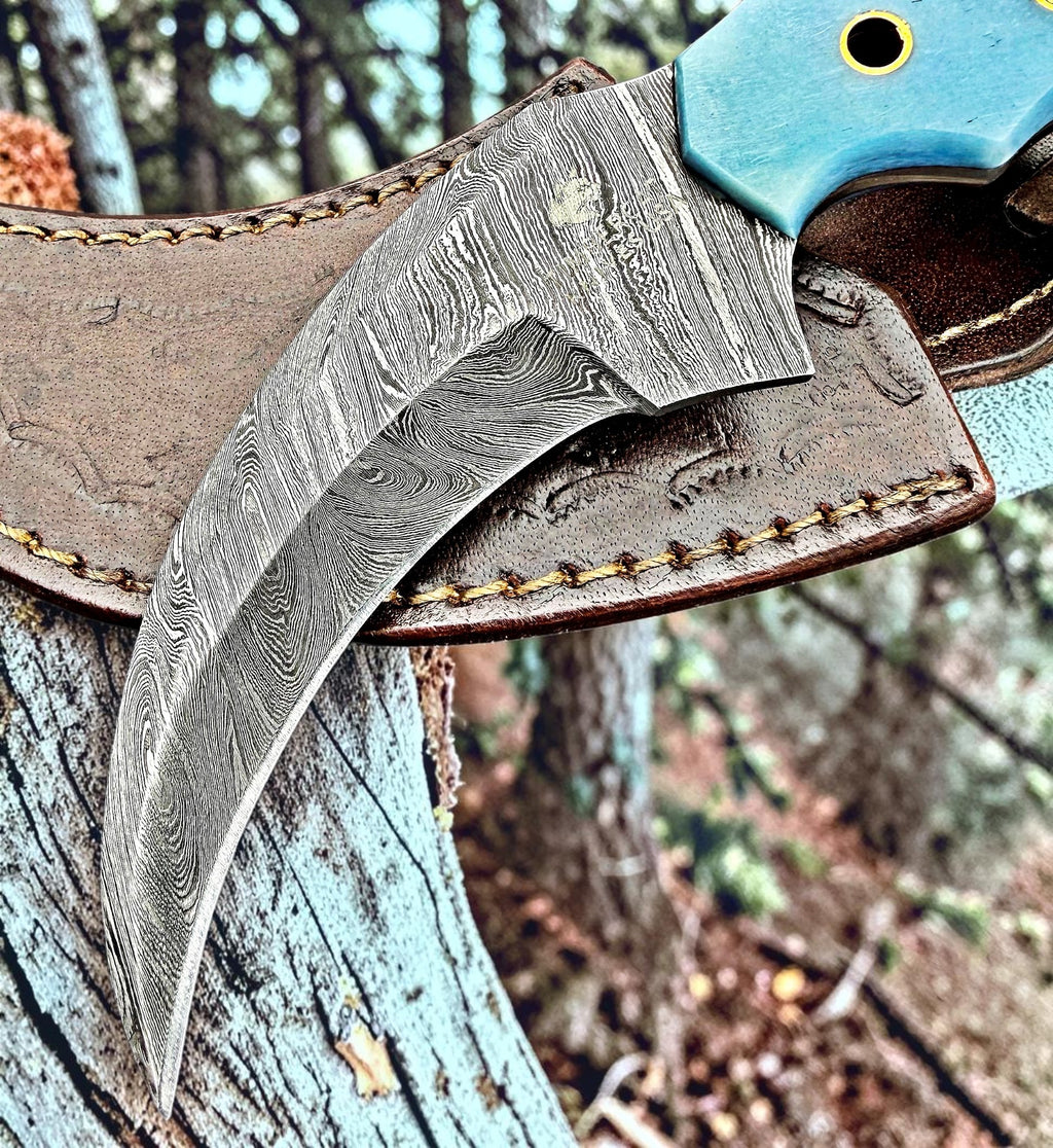 Timbercat Knives Handmade Damascus Steel Hunting Karambit Knife 7.5 Inches with Cowhide Leather Sheath 1029