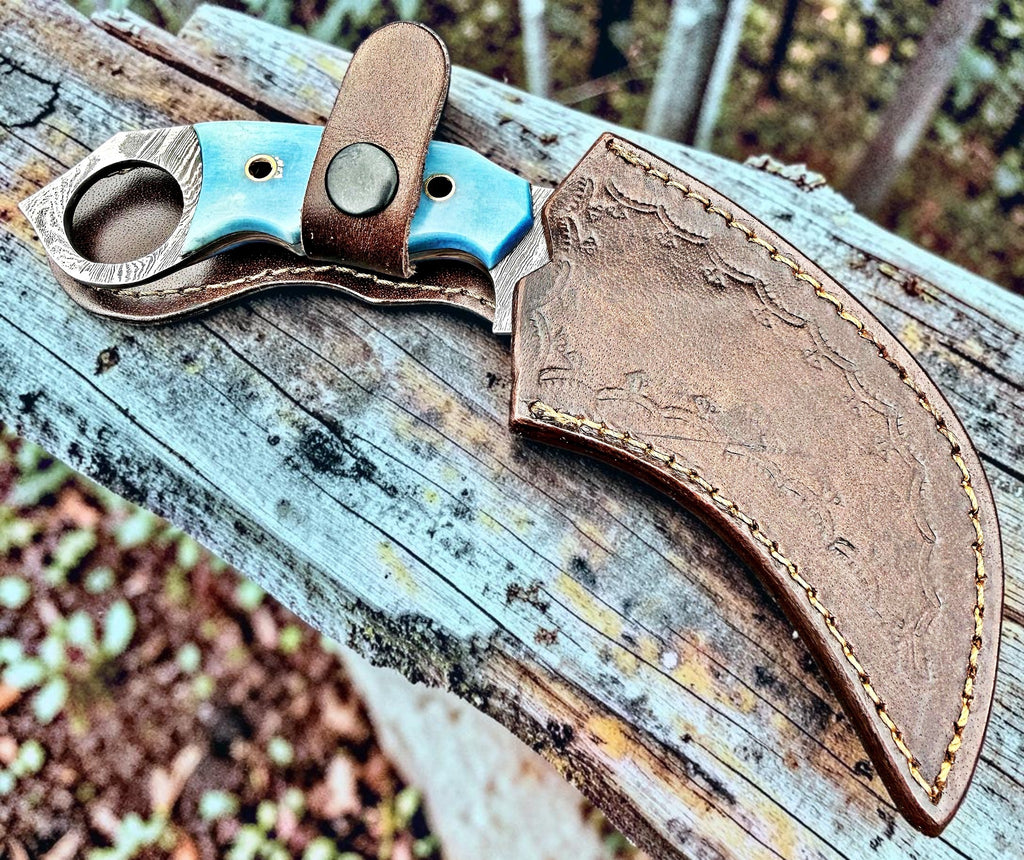Timbercat Knives Handmade Damascus Steel Hunting Karambit Knife 7.5 Inches with Cowhide Leather Sheath 1029