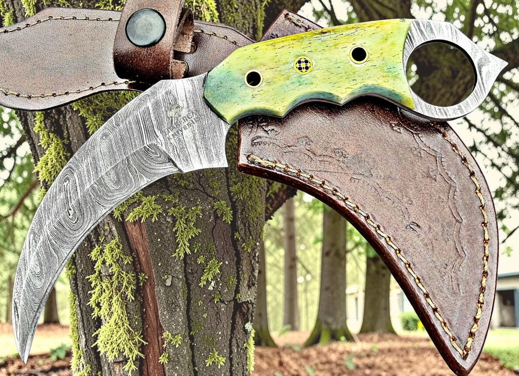 Timbercat Knives Handmade Damascus Steel Hunting Karambit Knife 7.5 Inches with Cowhide Leather Sheath 1030