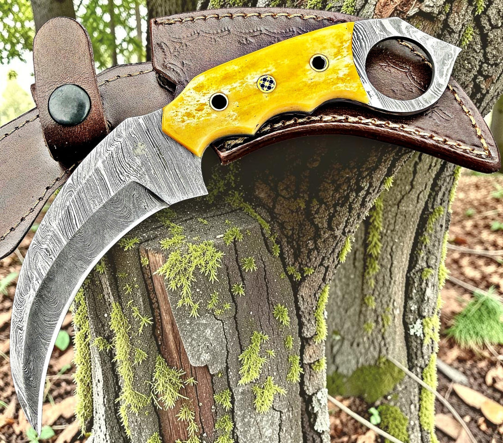 Timbercat Knives Handmade Damascus Steel Hunting Karambit Knife 7.5 Inches with Cowhide Leather Sheath 1031