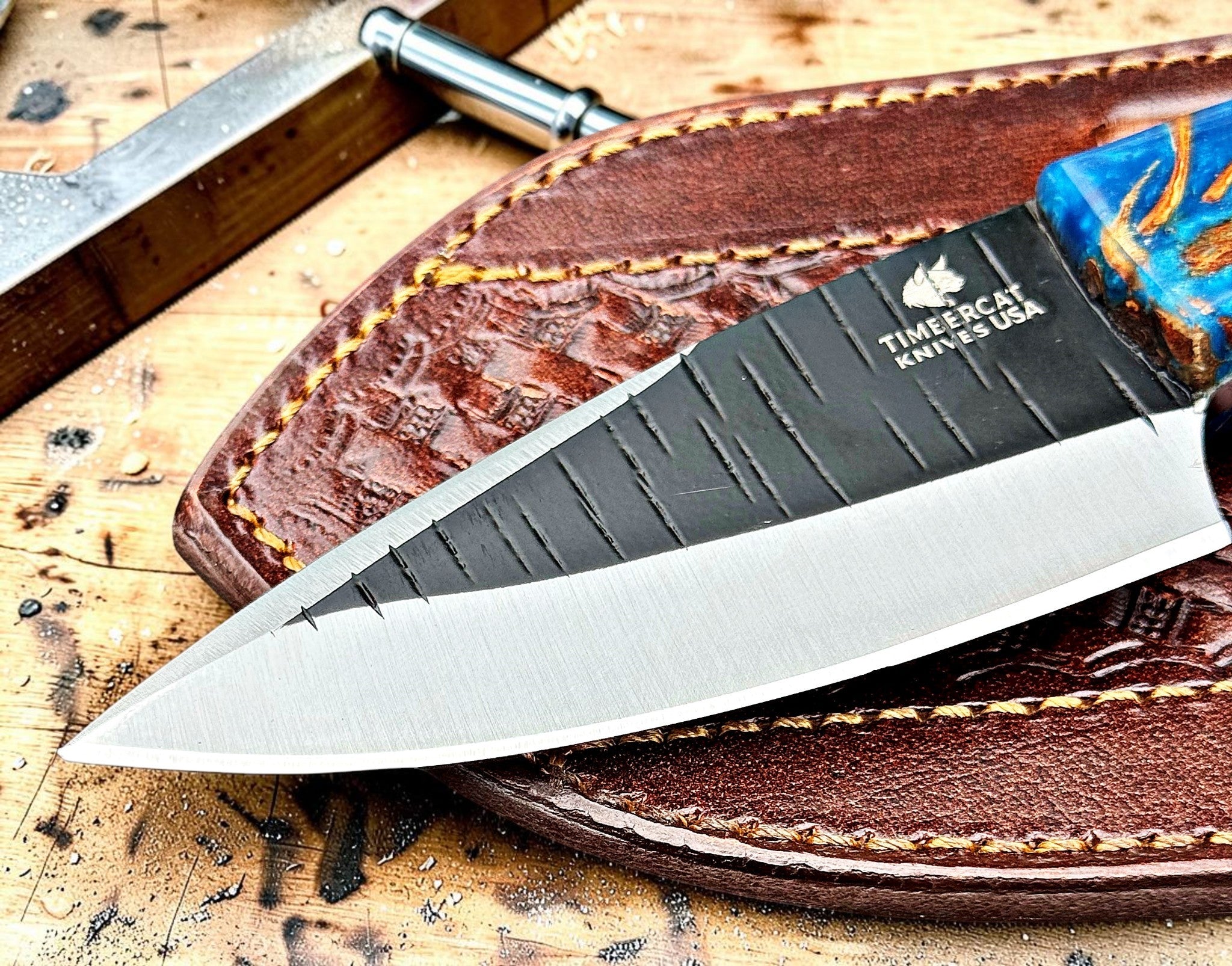 Timbercat Knives Handmade Hunting Skinner Knife 8 Inches with Cowhide Leather Sheath J2 Steel 1035