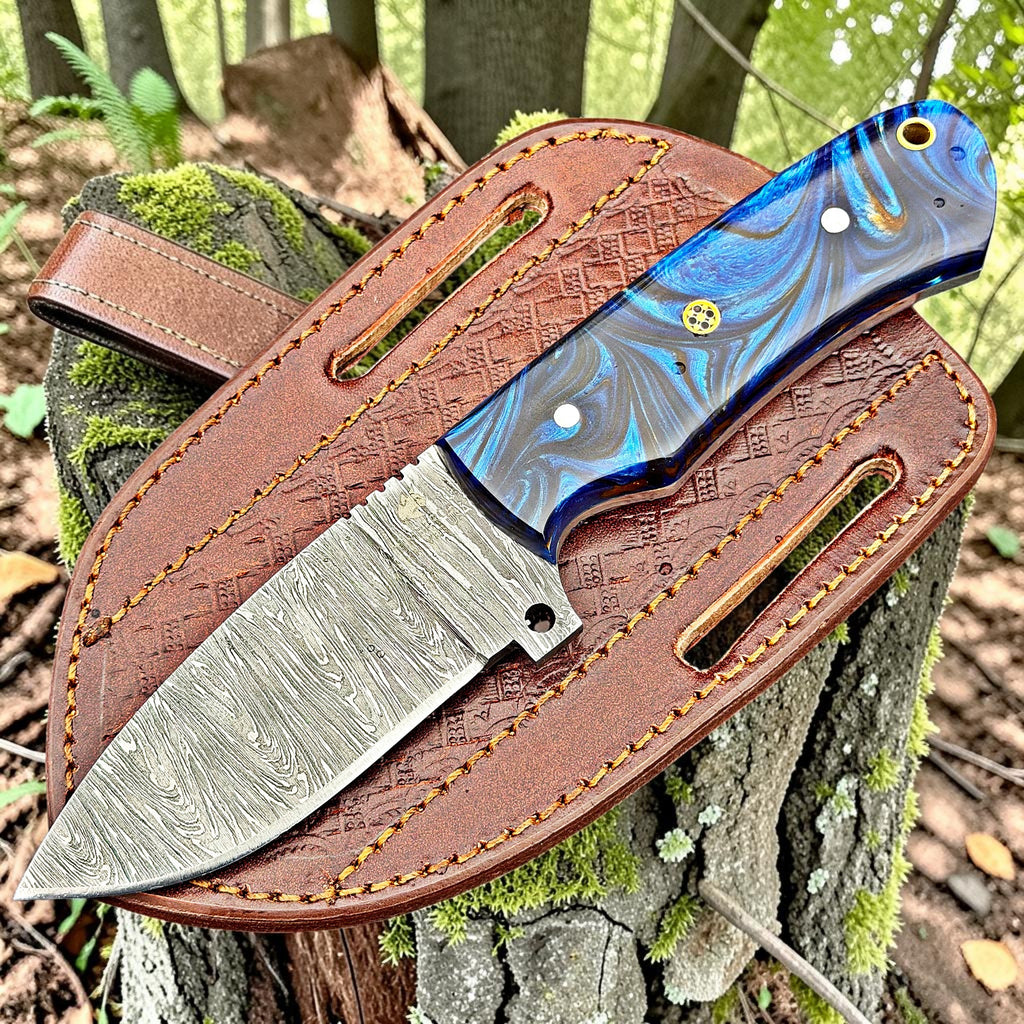 Timbercat Knives Handmade Damascus Steel Hunting Skinner Knife 8.5 Inches with Cowhide Leather Sheath 1040