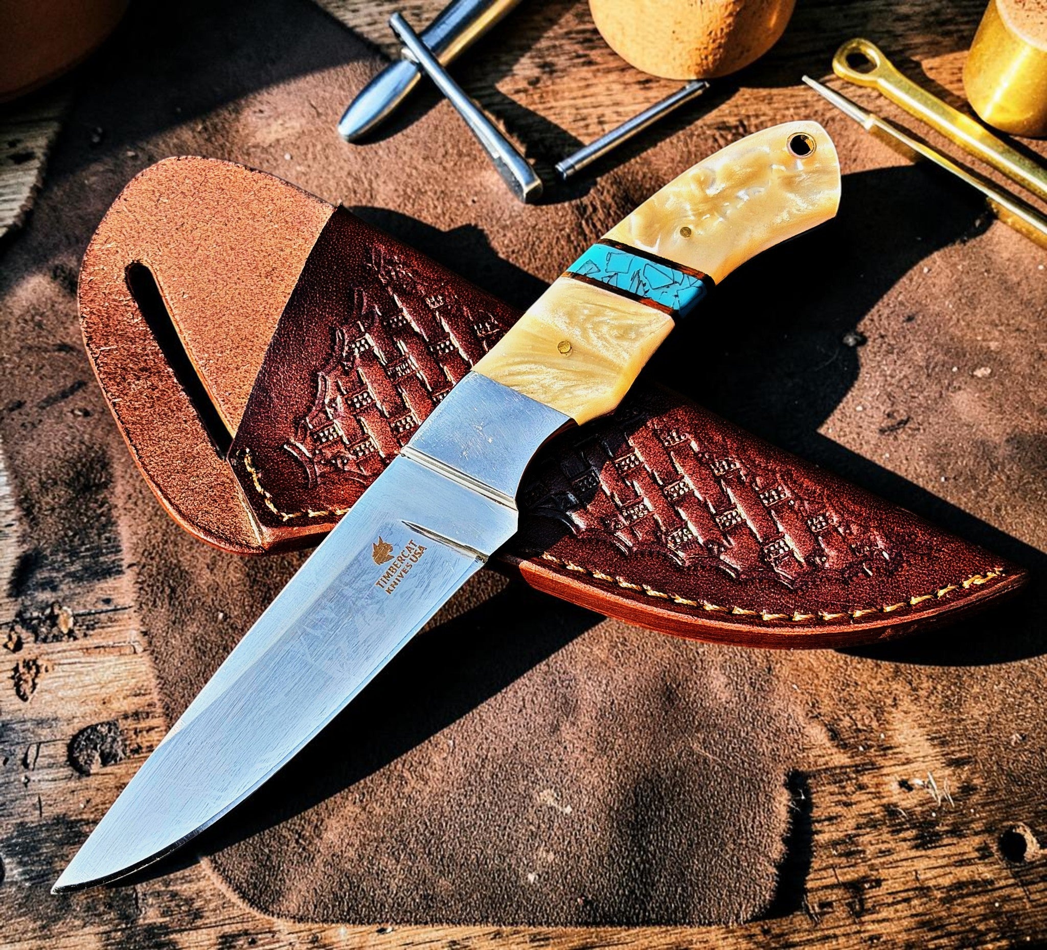 Timbercat Knives Handmade Hunting Skinner Knife 9 Inches with Cowhide Leather Sheath J2 Steel 1042