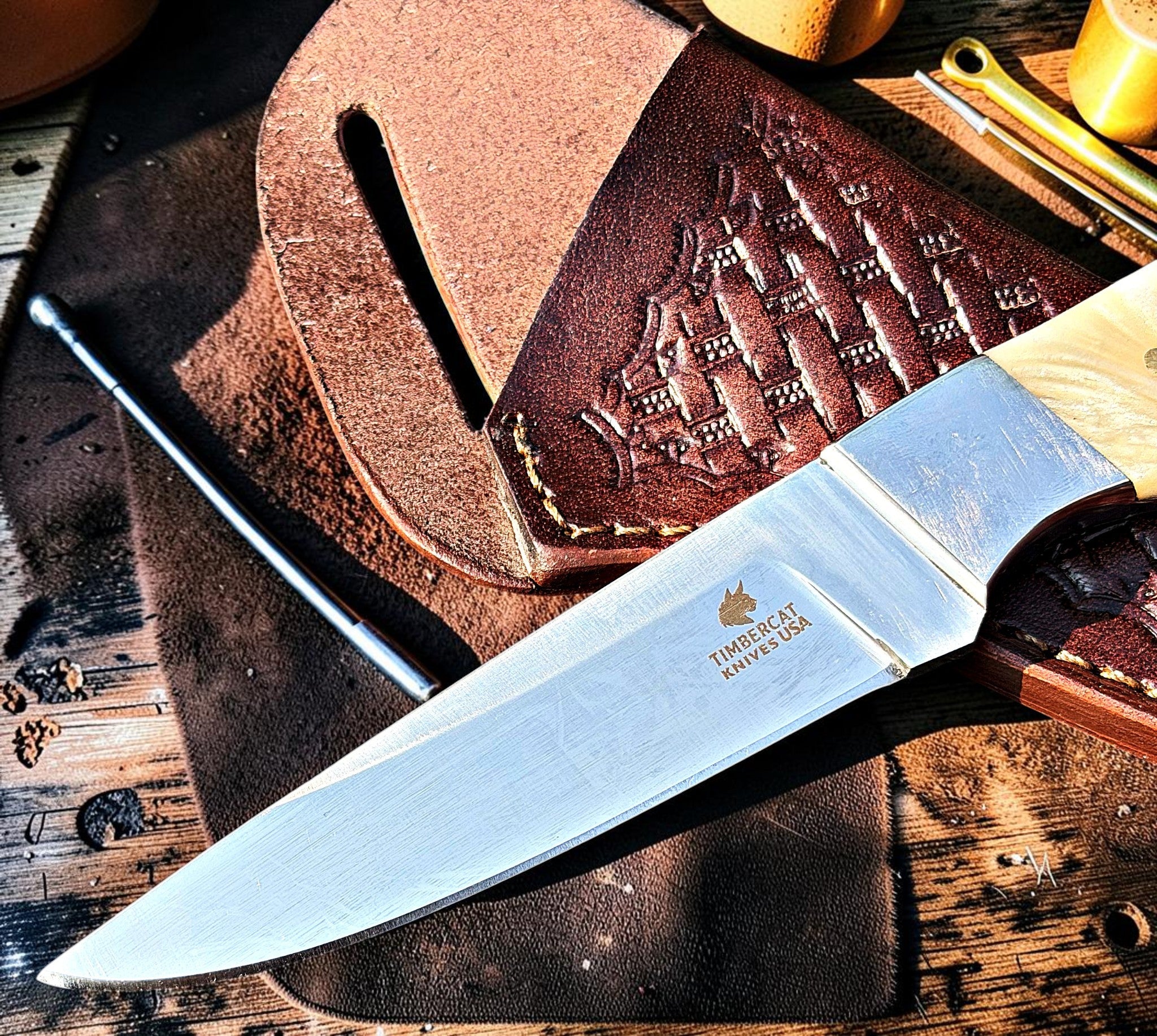 Timbercat Knives Handmade Hunting Skinner Knife 9 Inches with Cowhide Leather Sheath J2 Steel 1042