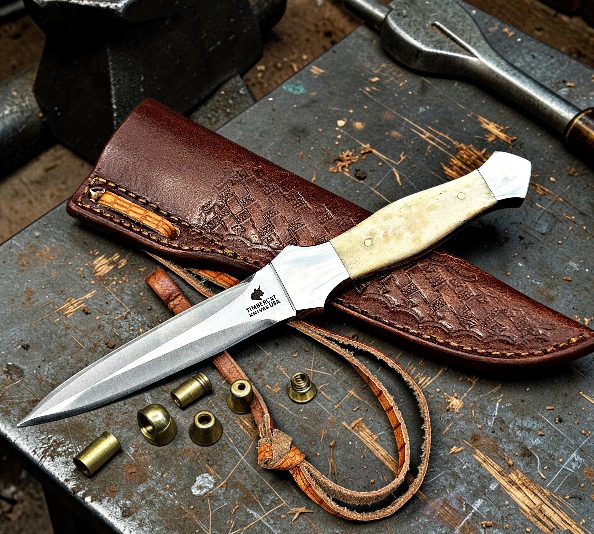 Timbercat Knives Handmade Hunting Dagger Knife 9 Inches with Cowhide Leather Sheath J2 Steel 1048