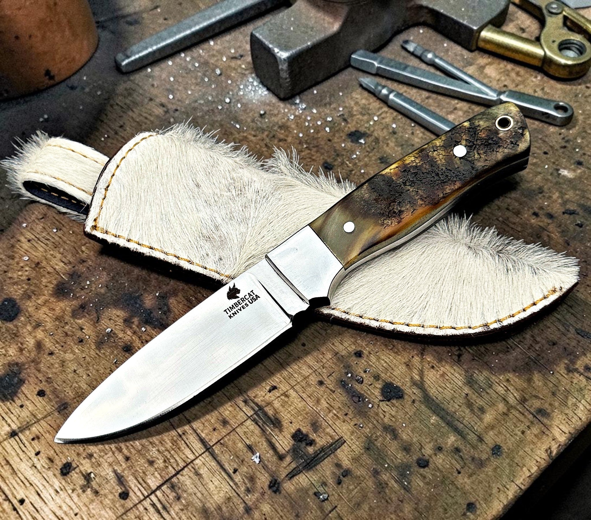 Timbercat Knives Handmade Hunting Skinner Knife 9 Inches with Cowhide Leather Sheath J2 Steel 1049
