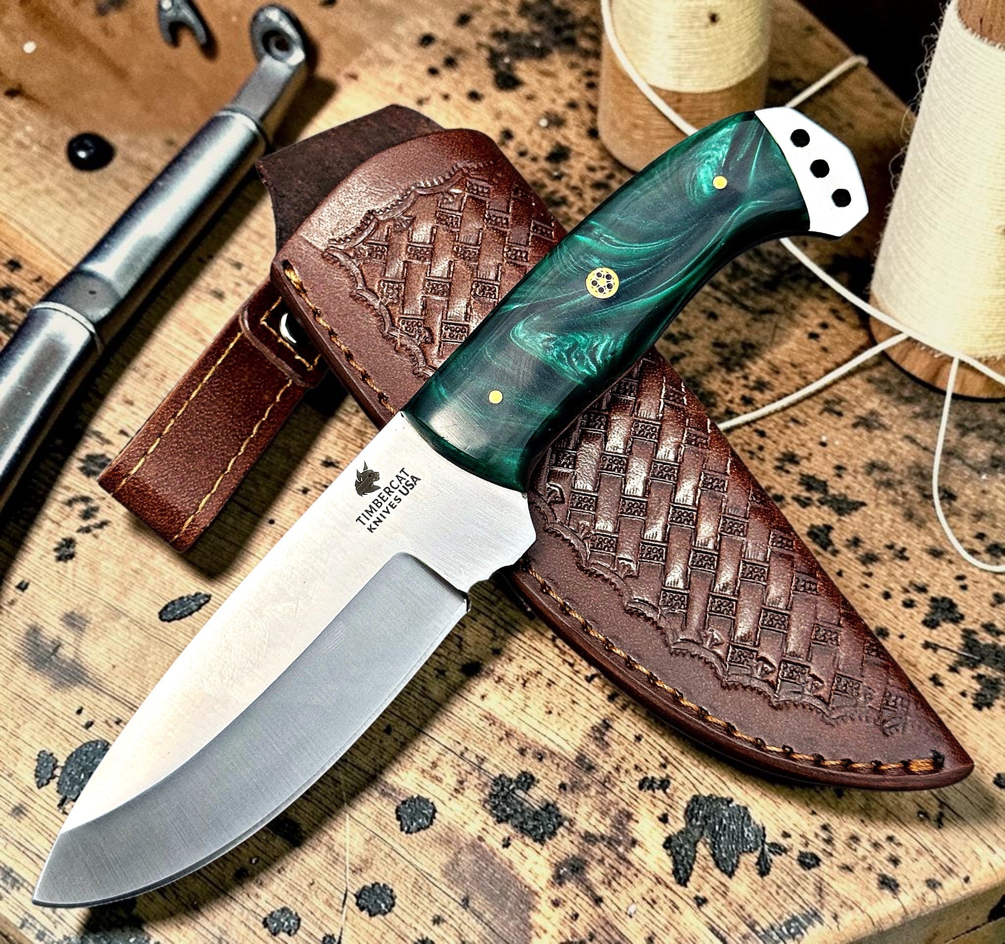 Timbercat Knives Handmade Hunting Skinner Knife 9 Inches with Cowhide Leather Sheath J2 Steel 1051