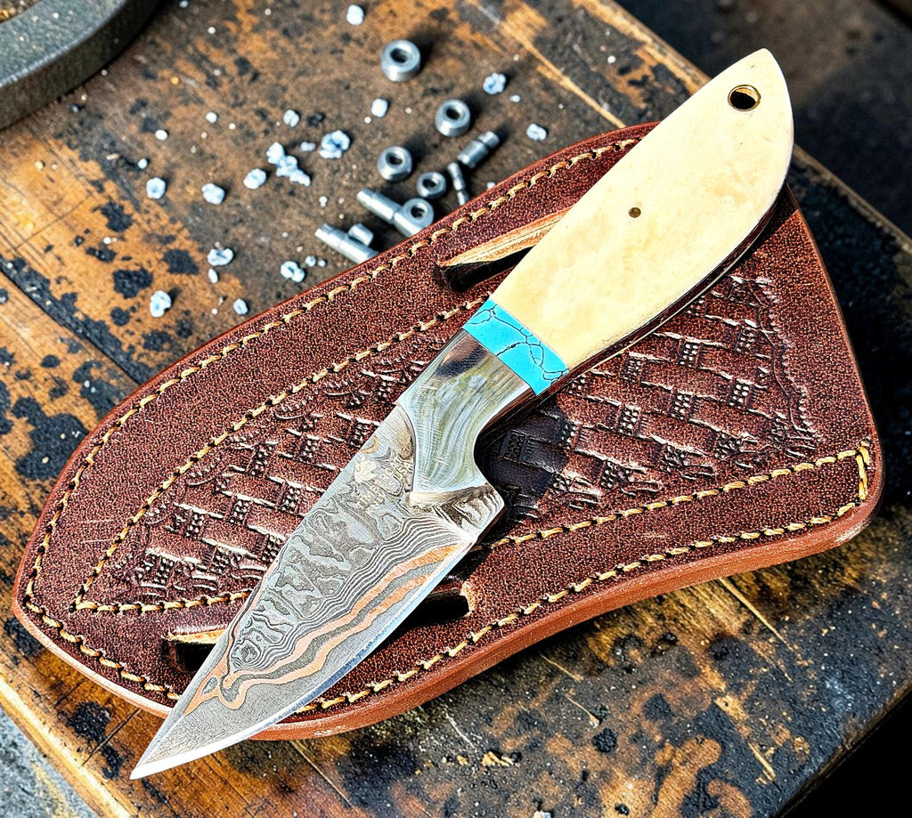Timbercat Knives Handmade Copper Damascus Steel Hunting Skinner Knife 7 Inches with Cowhide Leather Sheath 1052
