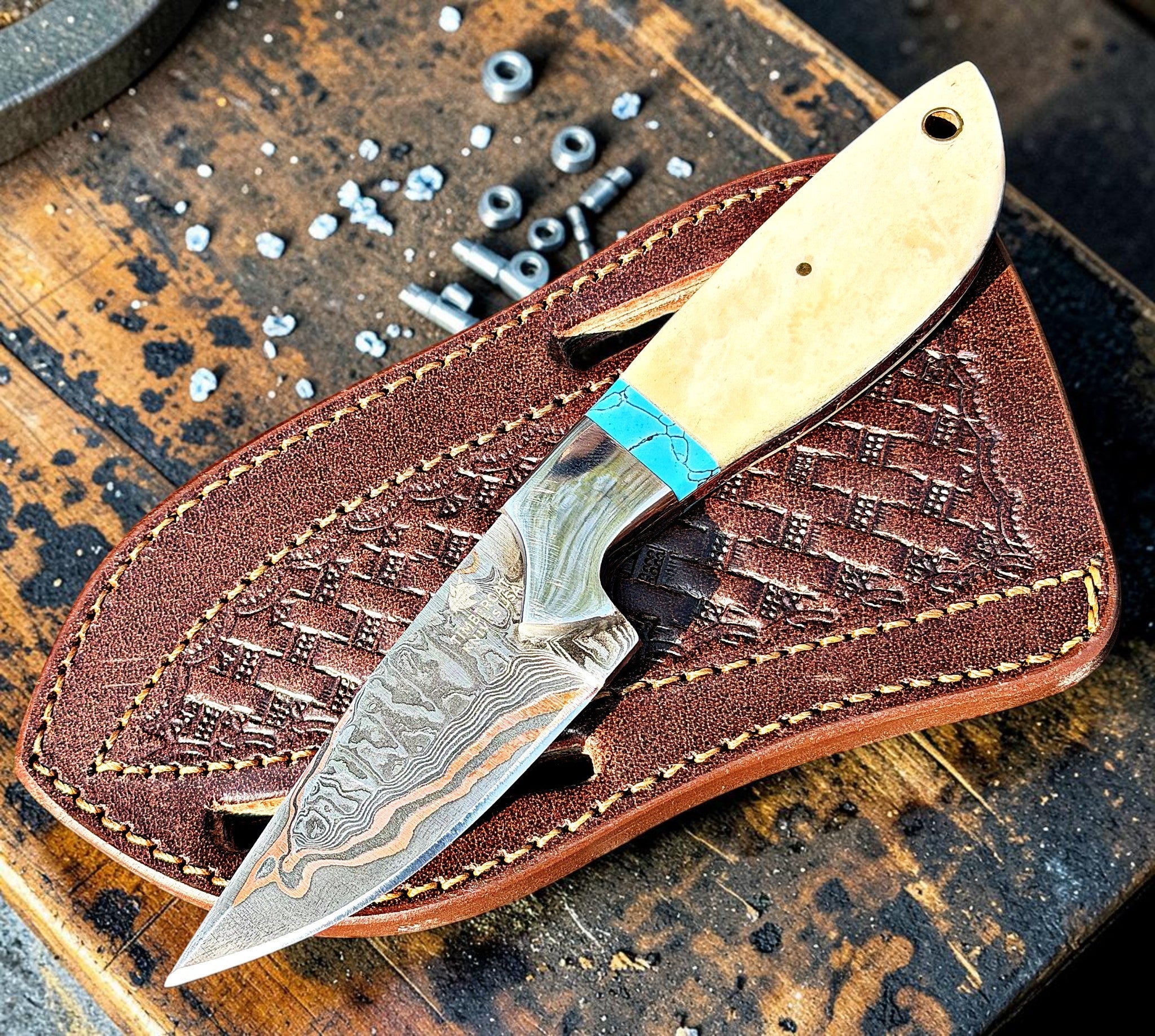 Timbercat Knives Handmade Copper Damascus Steel Hunting Skinner Knife 7 Inches with Cowhide Leather Sheath 1052