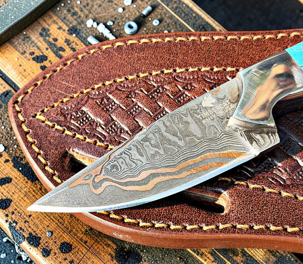Timbercat Knives Handmade Copper Damascus Steel Hunting Skinner Knife 7 Inches with Cowhide Leather Sheath 1052