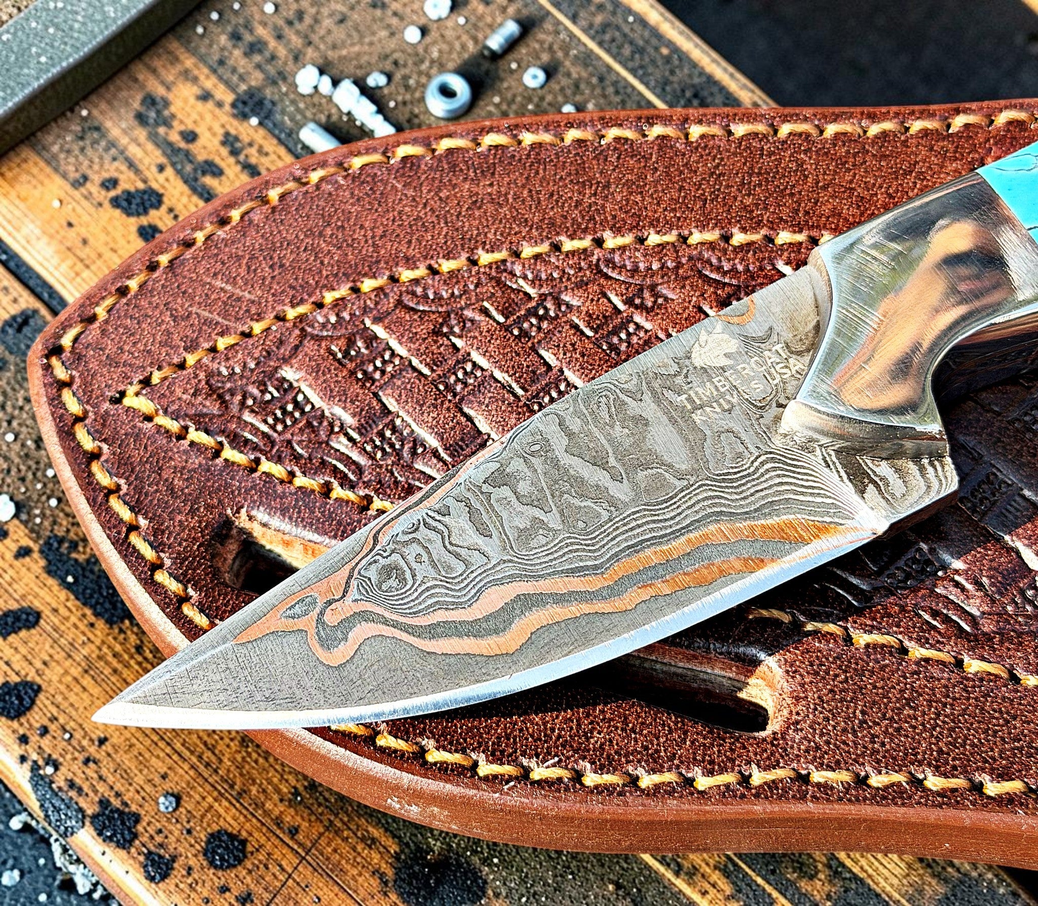Timbercat Knives Handmade Copper Damascus Steel Hunting Skinner Knife 7 Inches with Cowhide Leather Sheath 1052