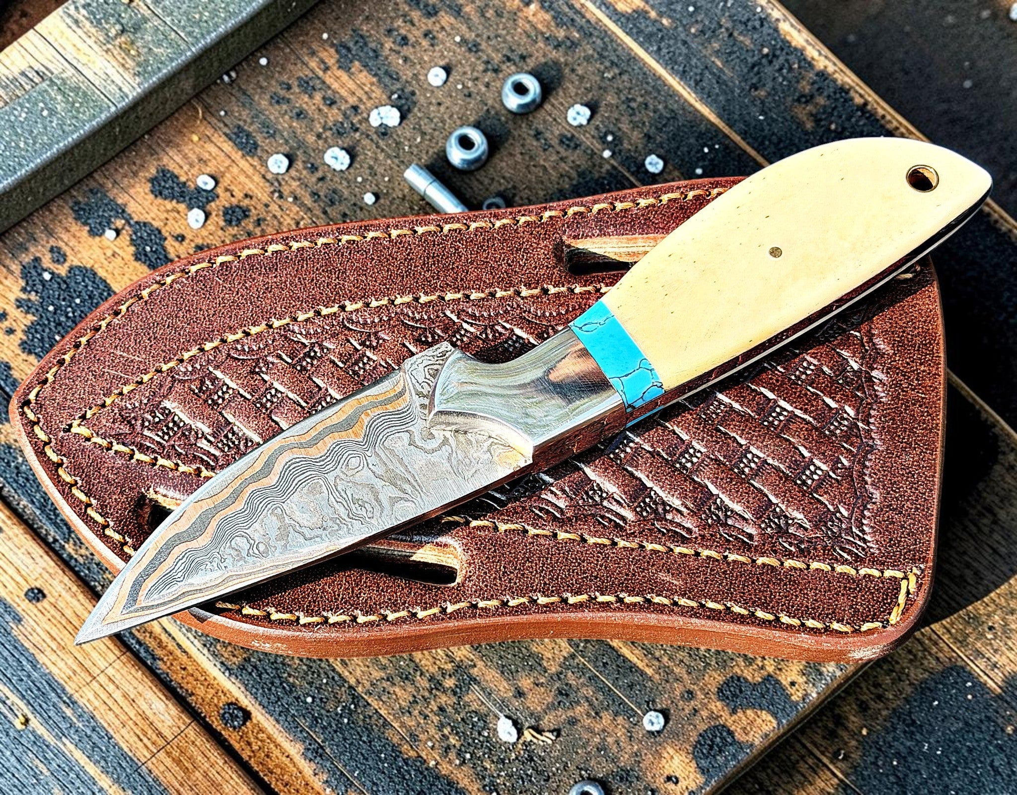 Timbercat Knives Handmade Copper Damascus Steel Hunting Skinner Knife 7 Inches with Cowhide Leather Sheath 1052
