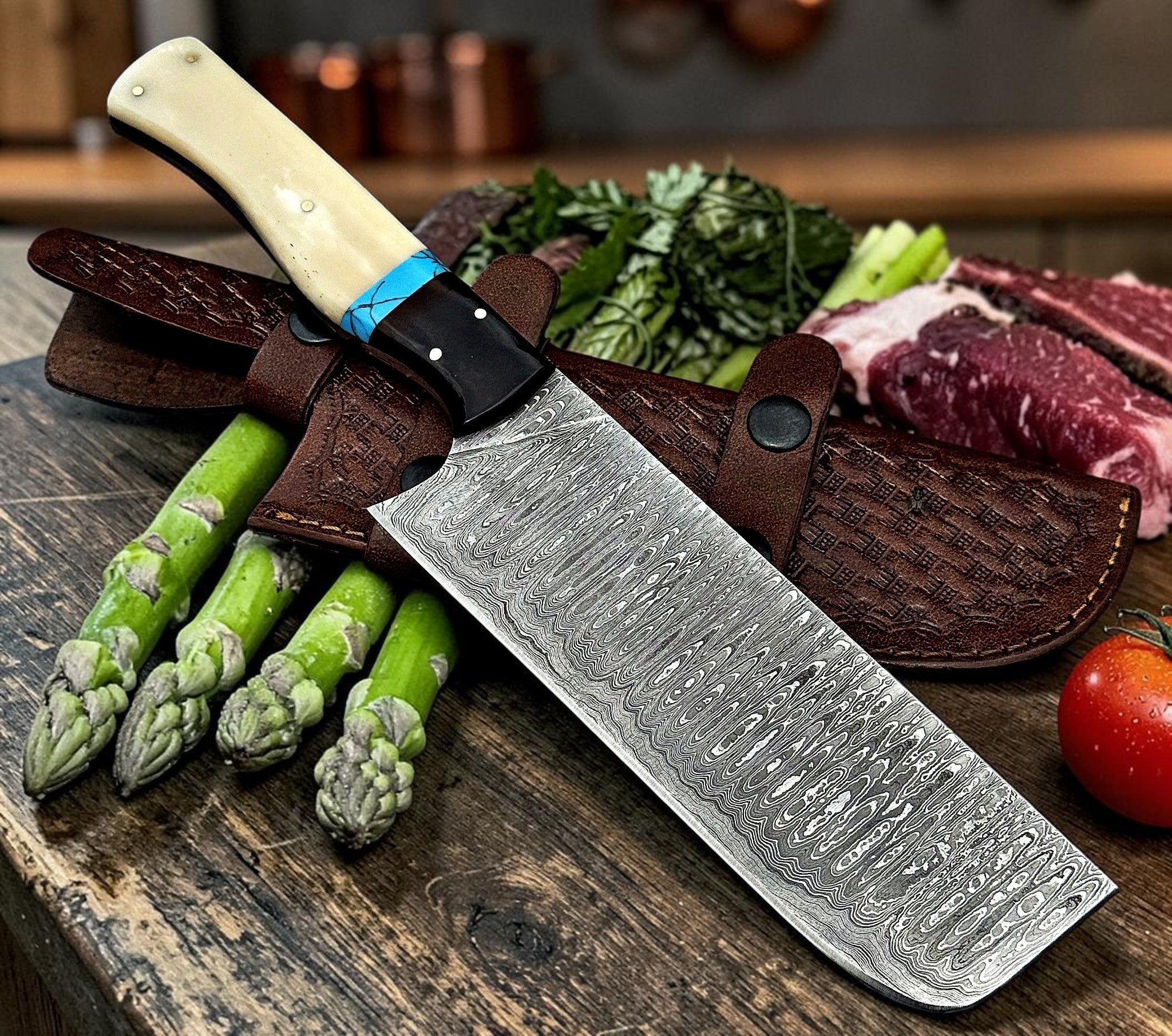 Timbercat Knives Handmade Damascus Steel Hunting Cleaver Knife 11 Inches with Cowhide Leather Sheath 1054