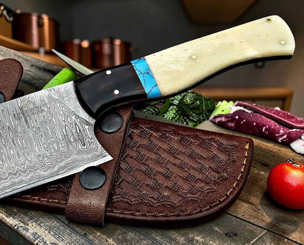 Timbercat Knives Handmade Damascus Steel Hunting Cleaver Knife 11 Inches with Cowhide Leather Sheath 1054