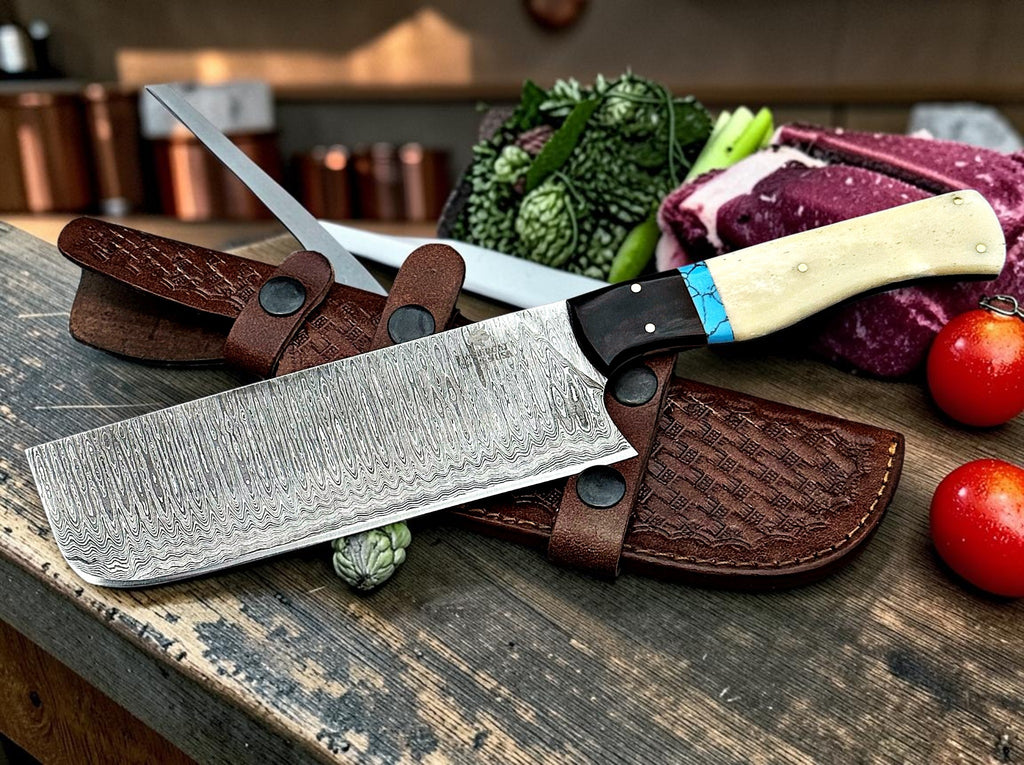 Timbercat Knives Handmade Damascus Steel Hunting Cleaver Knife 11 Inches with Cowhide Leather Sheath 1054