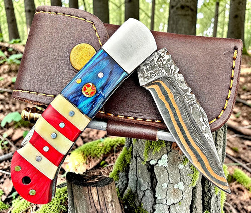 Timbercat Knives Handmade Copper Damascus Pocket Knife 3 Inch Blade Folding Knife with Cowhide Leather Sheath 2001