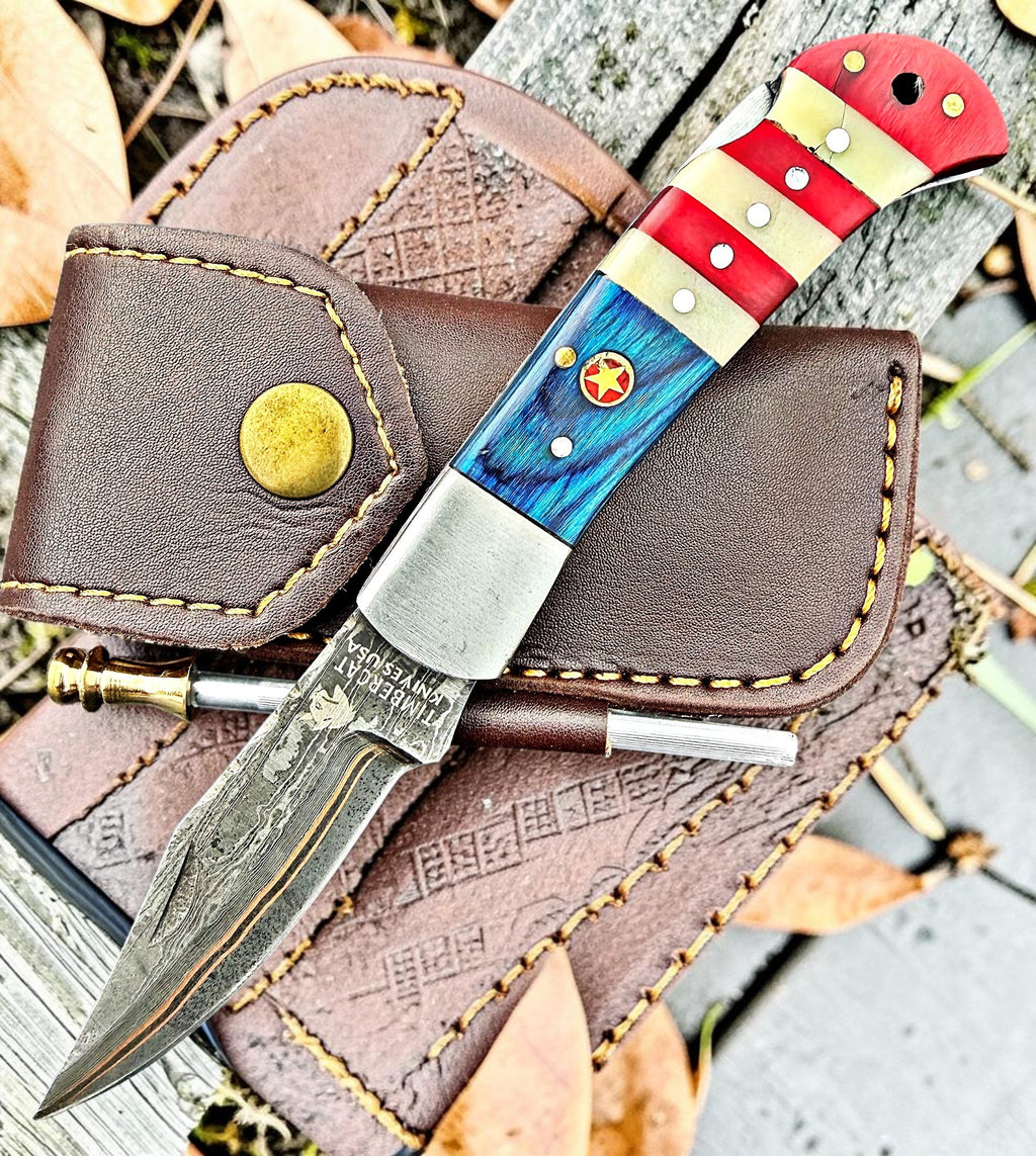 Timbercat Knives Handmade Copper Damascus Pocket Knife 3 Inch Blade Folding Knife with Cowhide Leather Sheath 2001