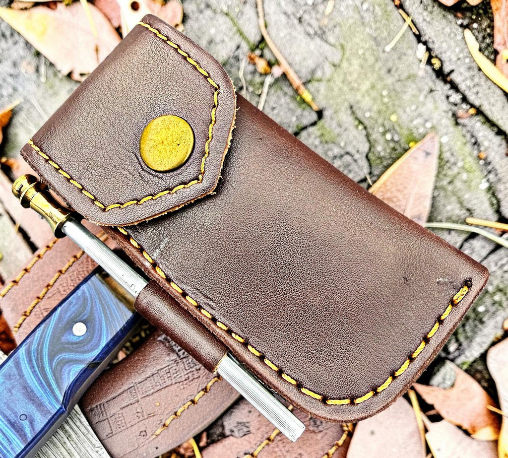 Timbercat Knives Handmade Copper Damascus Pocket Knife 3 Inch Blade Folding Knife with Cowhide Leather Sheath 2001