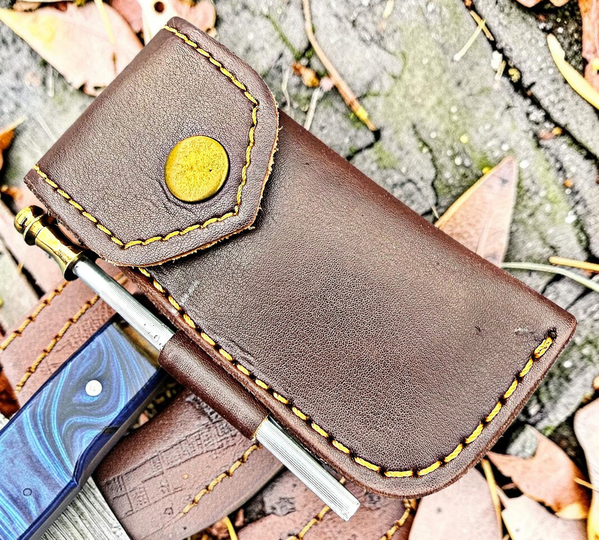 Timbercat Knives Handmade Copper Damascus Pocket Knife 3 Inch Blade Folding Knife with Cowhide Leather Sheath 2001