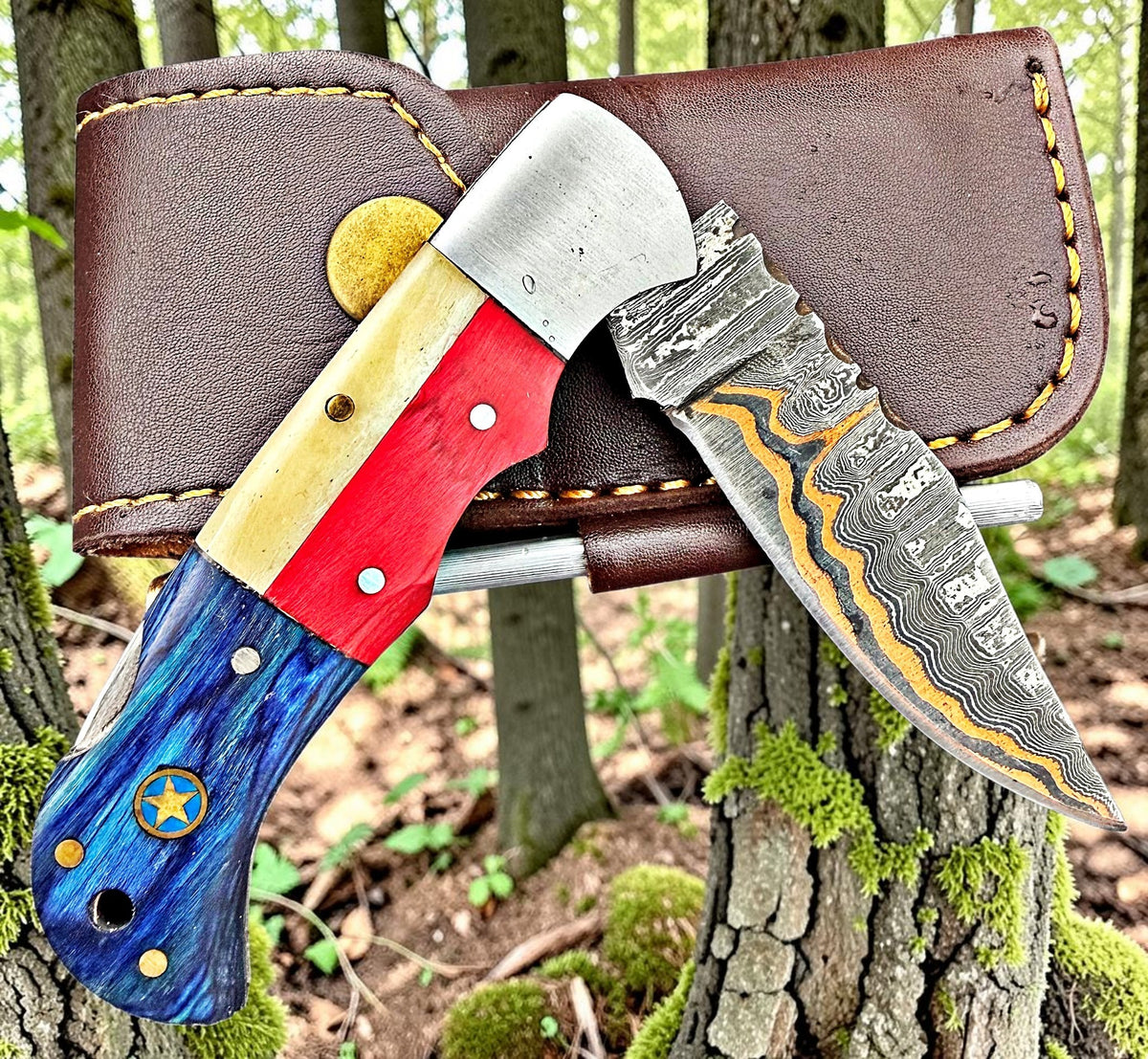 Timbercat Knives Handmade Copper Damascus Pocket Knife 3 Inch Blade Folding Knife with Cowhide Leather Sheath 2002