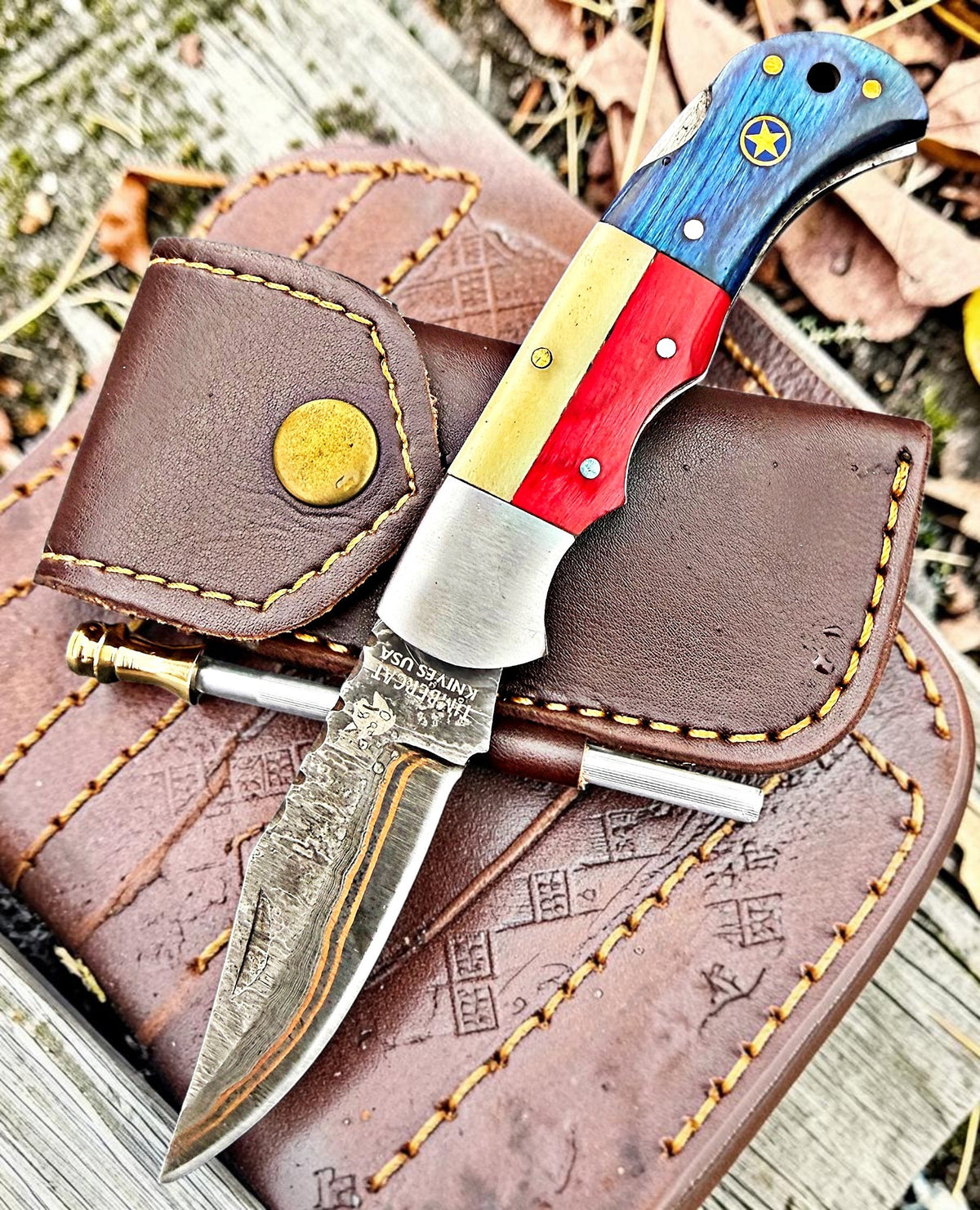 Timbercat Knives Handmade Copper Damascus Pocket Knife 3 Inch Blade Folding Knife with Cowhide Leather Sheath 2002