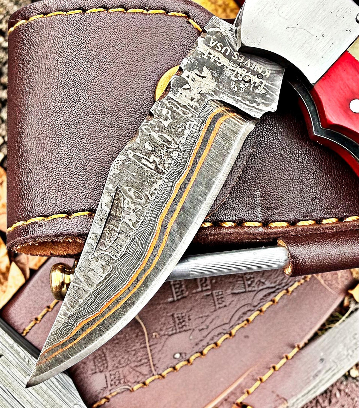 Timbercat Knives Handmade Copper Damascus Pocket Knife 3 Inch Blade Folding Knife with Cowhide Leather Sheath 2002