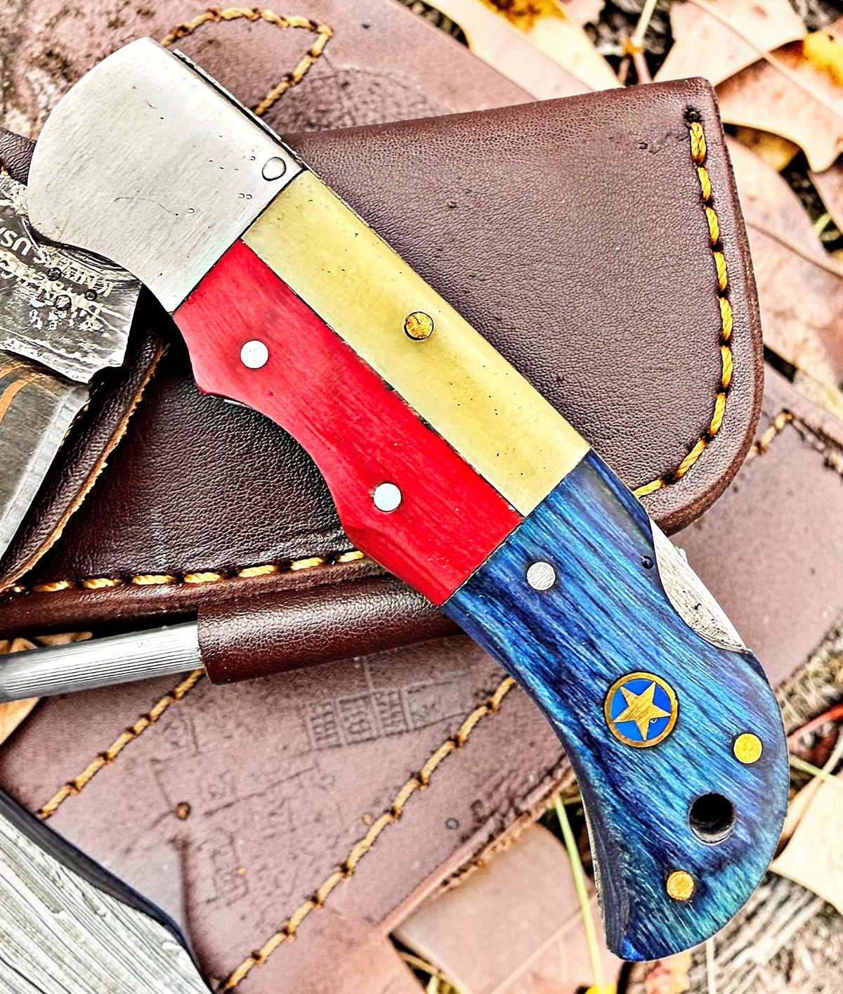 Timbercat Knives Handmade Copper Damascus Pocket Knife 3 Inch Blade Folding Knife with Cowhide Leather Sheath 2002
