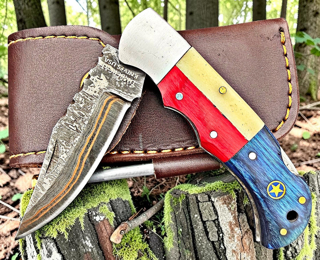 Timbercat Knives Handmade Copper Damascus Pocket Knife 3 Inch Blade Folding Knife with Cowhide Leather Sheath 2002