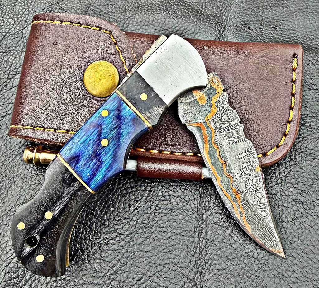 Timbercat Knives Handmade Copper Damascus Pocket Knife 3 Inch Blade Folding Knife with Cowhide Leather Sheath 2003