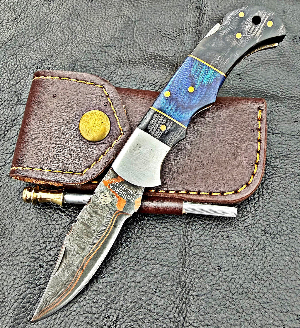 Timbercat Knives Handmade Copper Damascus Pocket Knife 3 Inch Blade Folding Knife with Cowhide Leather Sheath 2003