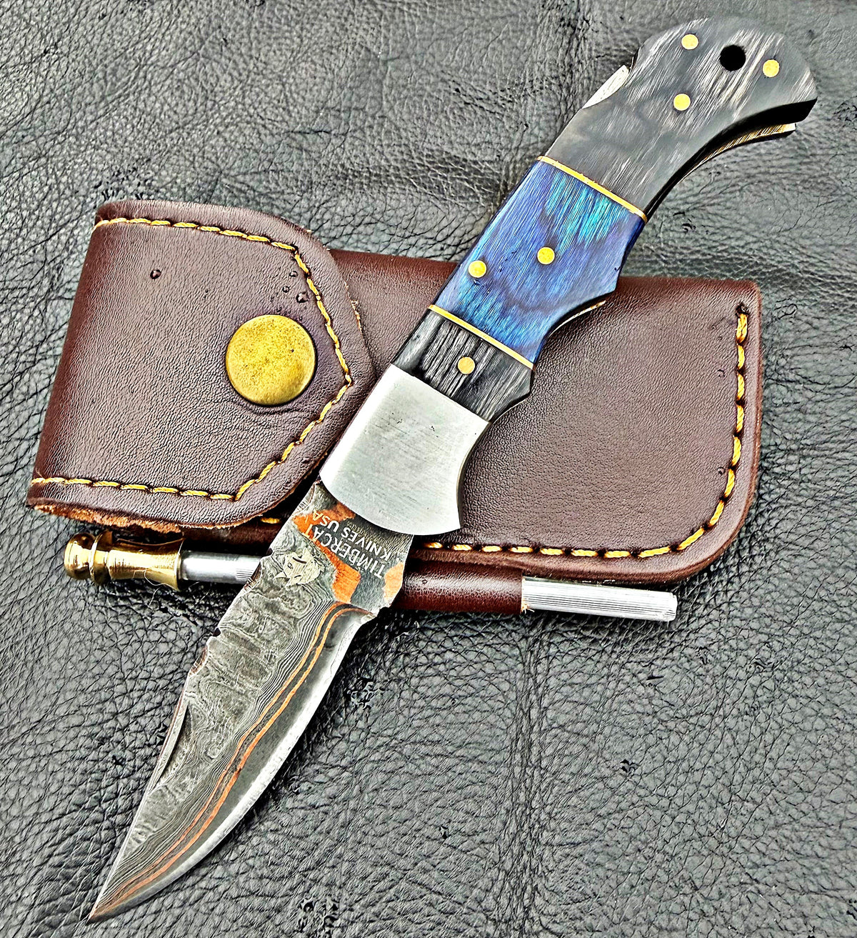 Timbercat Knives Handmade Copper Damascus Pocket Knife 3 Inch Blade Folding Knife with Cowhide Leather Sheath 2003