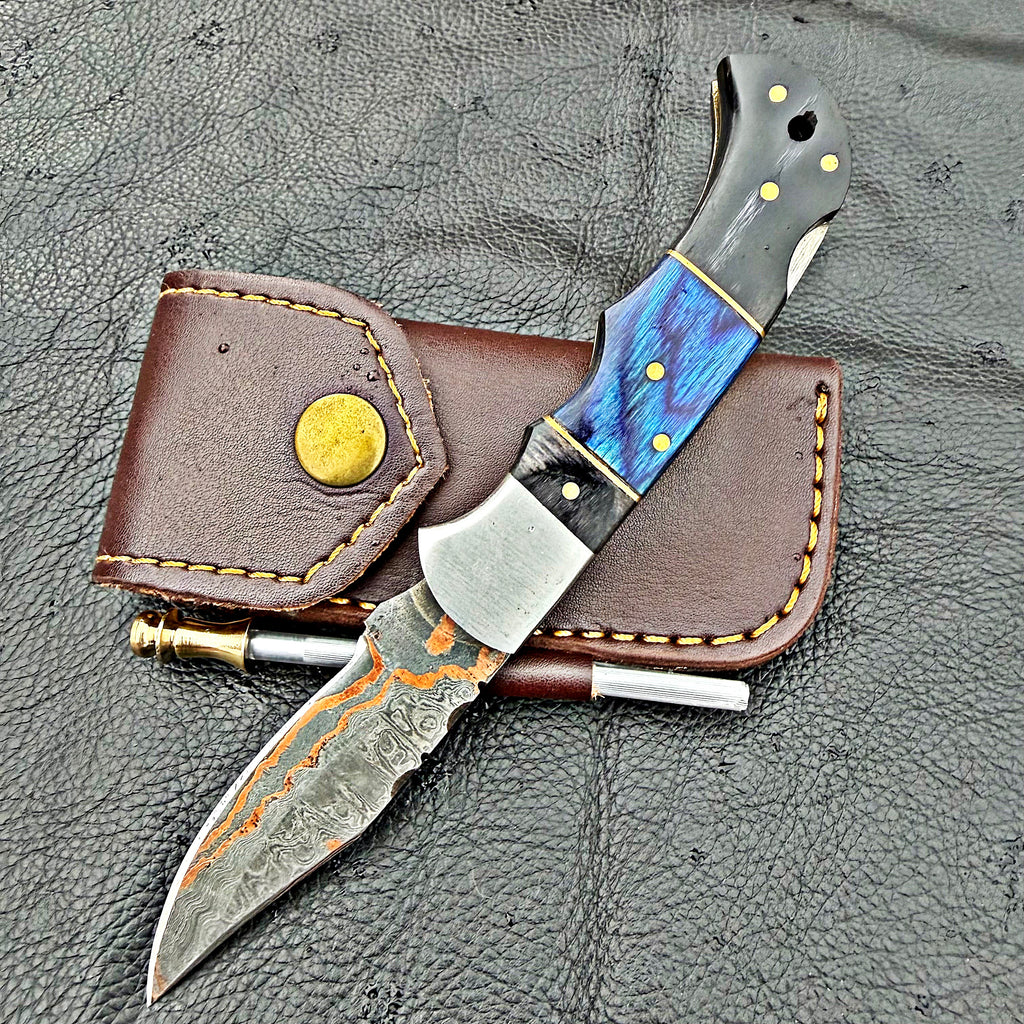 Timbercat Knives Handmade Copper Damascus Pocket Knife 3 Inch Blade Folding Knife with Cowhide Leather Sheath 2003