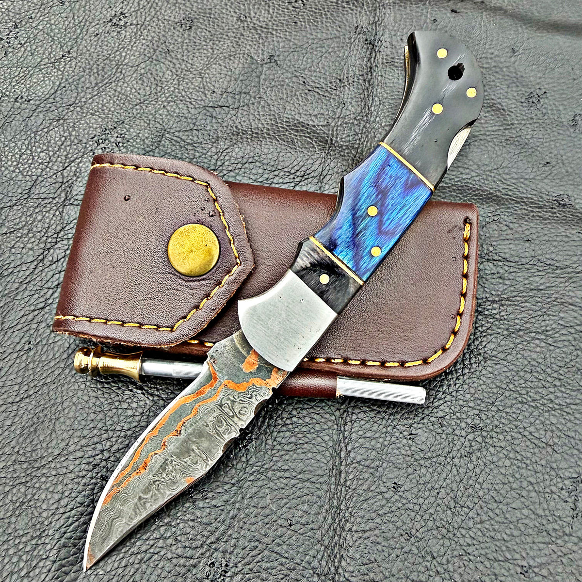 Timbercat Knives Handmade Copper Damascus Pocket Knife 3 Inch Blade Folding Knife with Cowhide Leather Sheath 2003