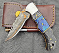 Timbercat Knives Handmade Copper Damascus Pocket Knife 3 Inch Blade Folding Knife with Cowhide Leather Sheath 2003