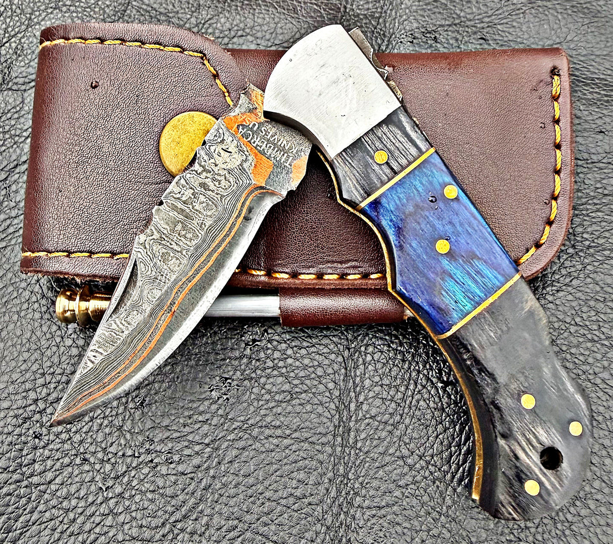 Timbercat Knives Handmade Copper Damascus Pocket Knife 3 Inch Blade Folding Knife with Cowhide Leather Sheath 2003