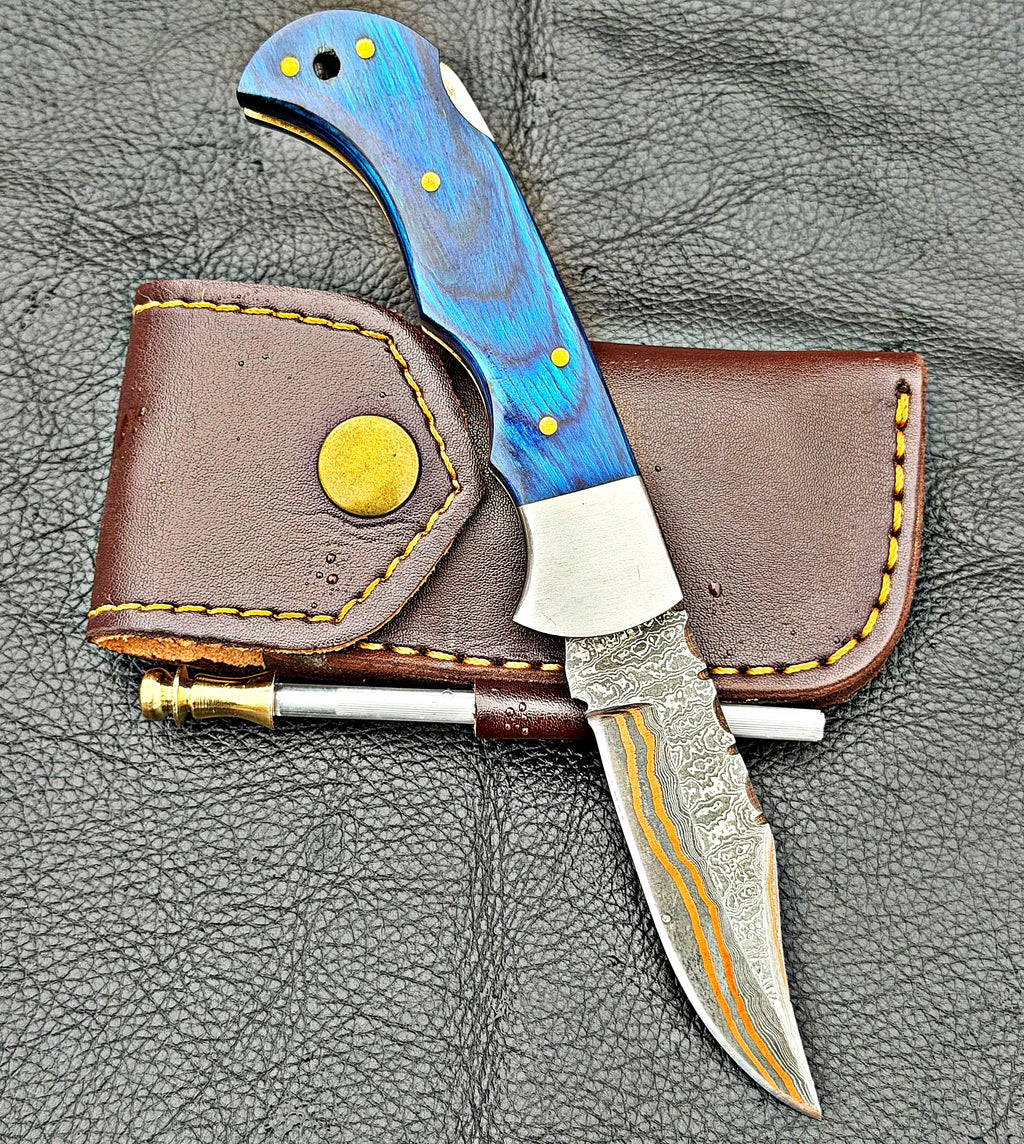 Timbercat Knives Handmade Copper Damascus Pocket Knife 3 Inch Blade Folding Knife with Cowhide Leather Sheath 2004